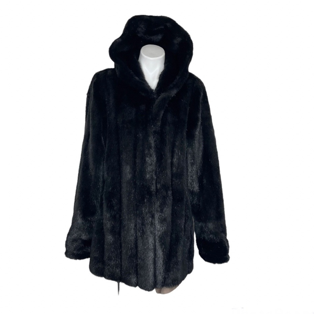 PAMELA McCOY Tiger Mills Black Faux Fur Hooded Coat Size Medium